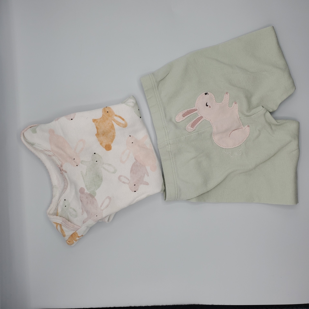 Carter's White Onsie with Pastel Color Bunnies and Light Sage Pants 12Months
